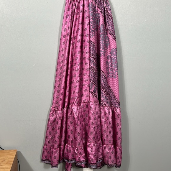 Women’s Silk Maxi Layered Open Back Shoulder Tie Purple Pink Dress OS - Picture 6 of 16